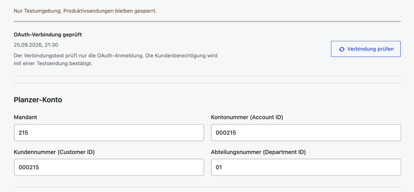 Plugin-Einstellungen: Verbindung zu Planzer geprüft, Planzer-Kunden- und Kontonummer.
