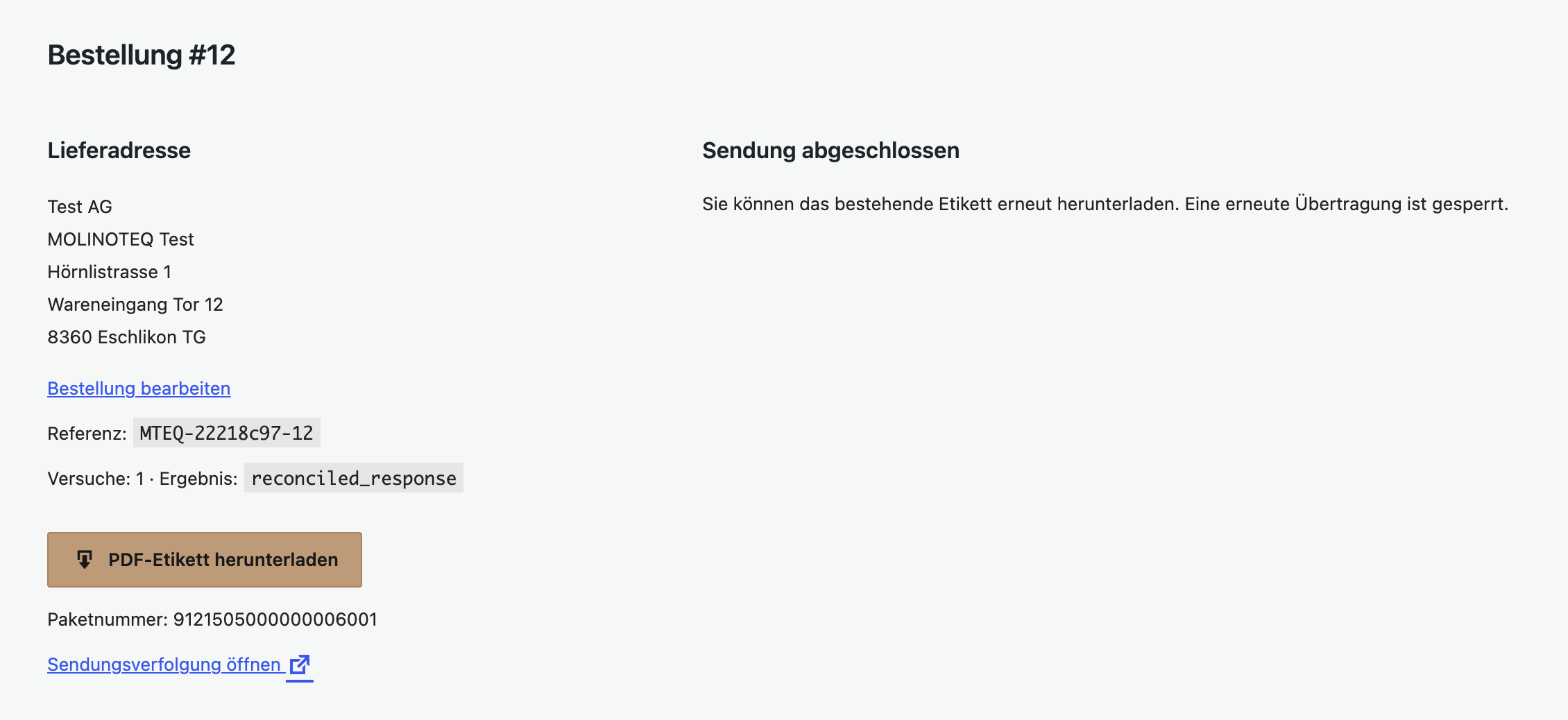 Abgeschlossene Sendung im Plugin: Download des PDF-Etiketts, Paketnummer und Tracking-Link.