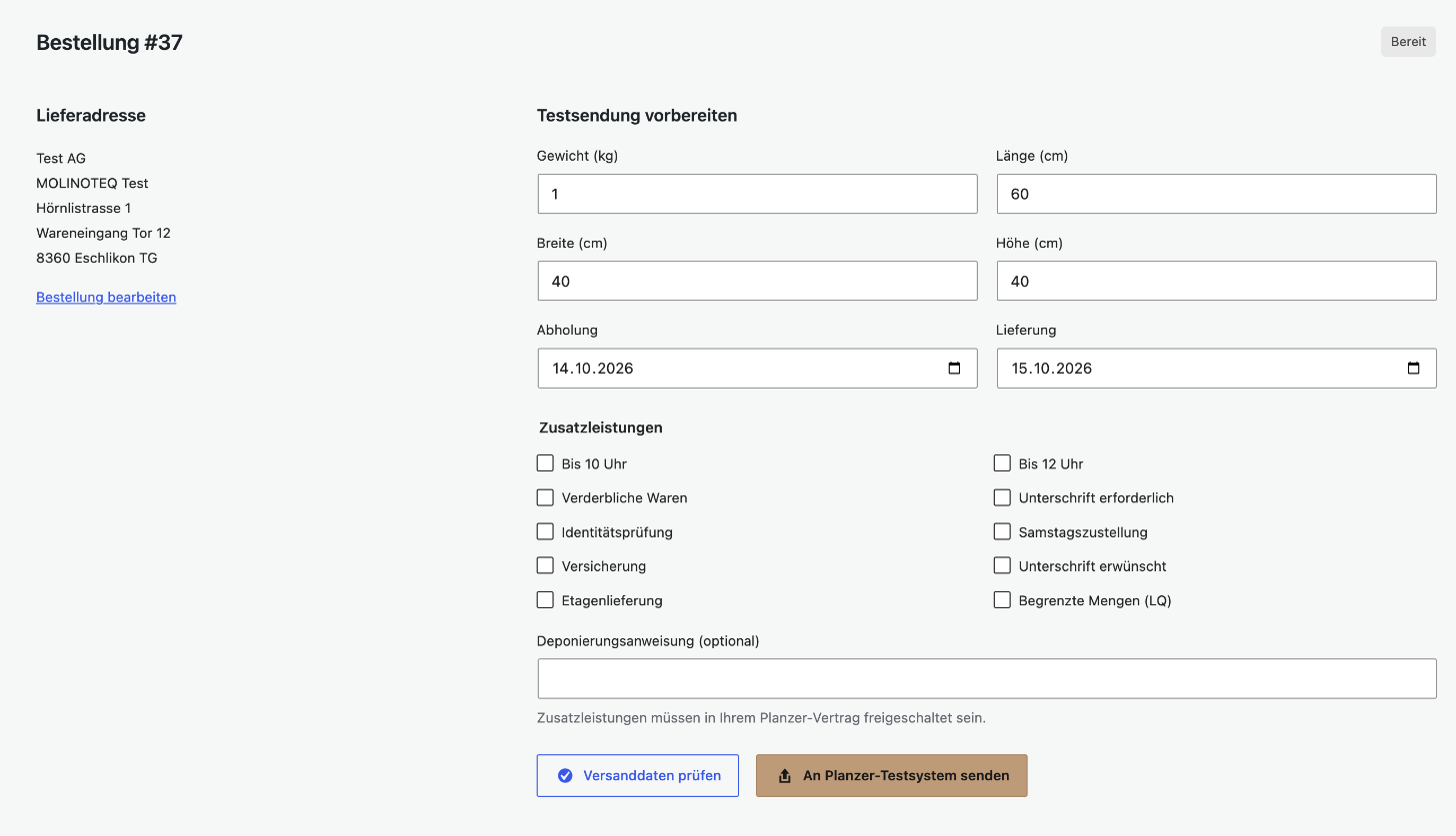 Sendungsformular des Plugins in einer WooCommerce-Bestellung: Paketgrösse, Abhol- und Zustelldatum, Zusatzleistungen.