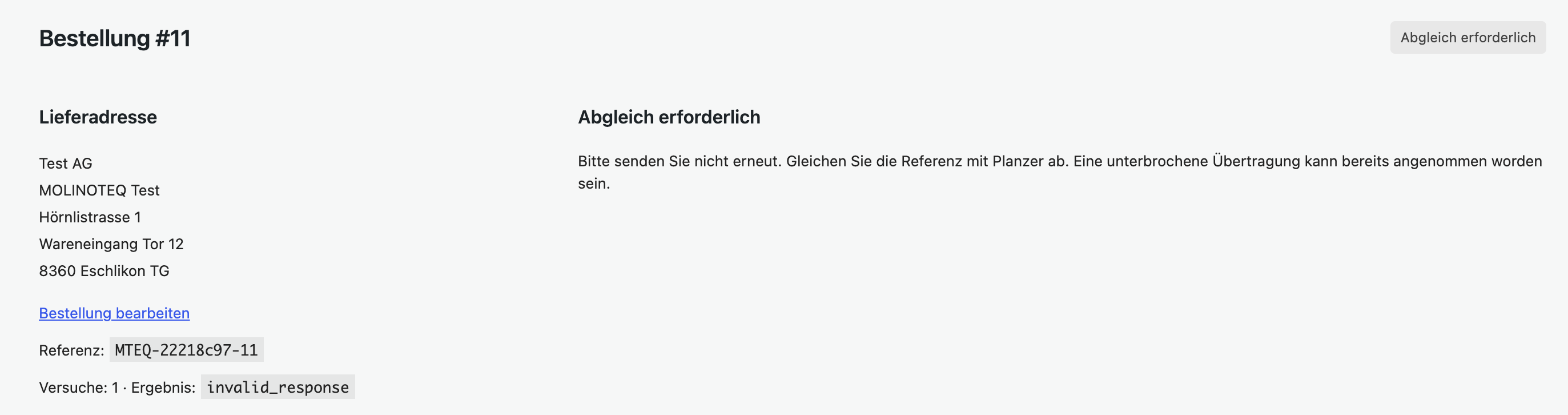 Sendung mit dem Status «Abgleich erforderlich»: Eine erneute Übermittlung ist gesperrt.